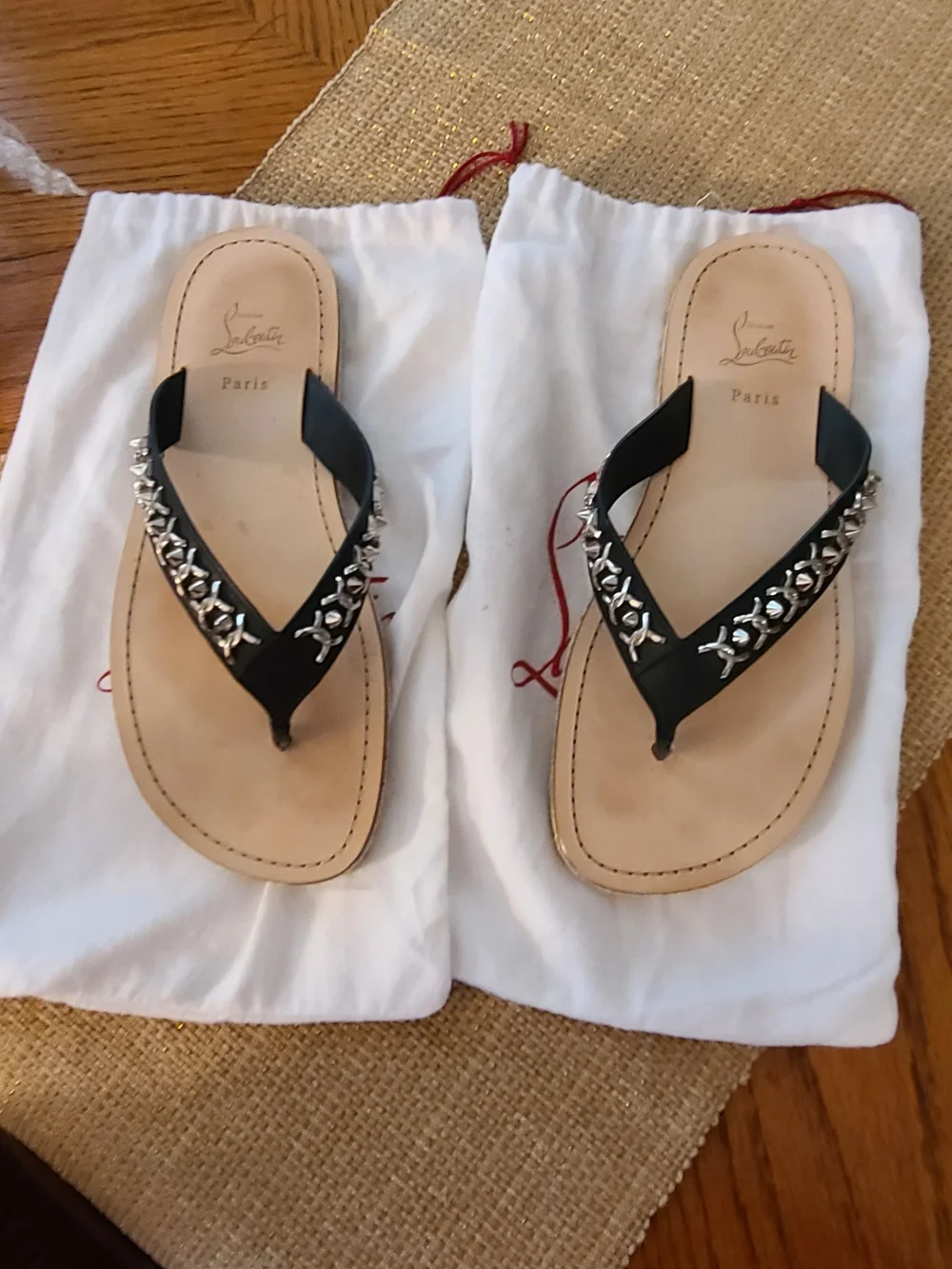 Christian Louboutin Black Embellished Leather Thong Sandals made In SPAIN.